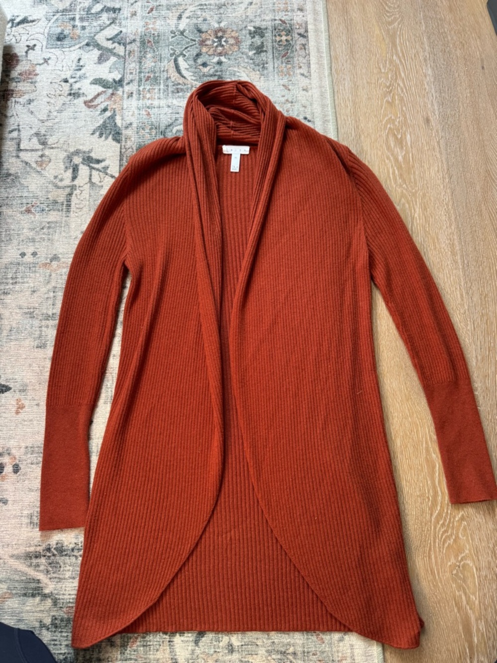 Leith Brick Red Open front Ribbed Long Cardigan rust XS